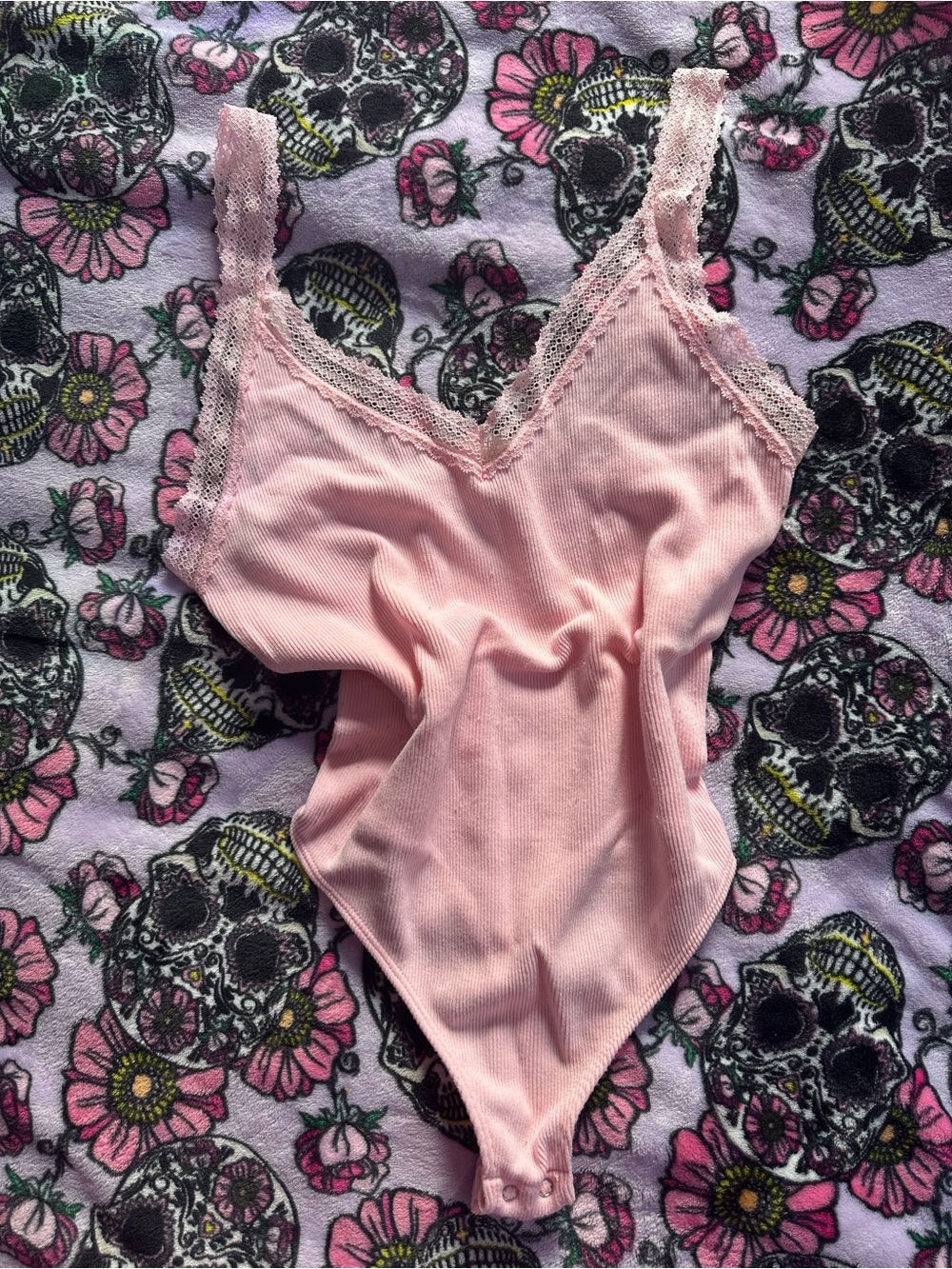 Fashion Nova Pink Lace-Trim Ribbed Bodysuit